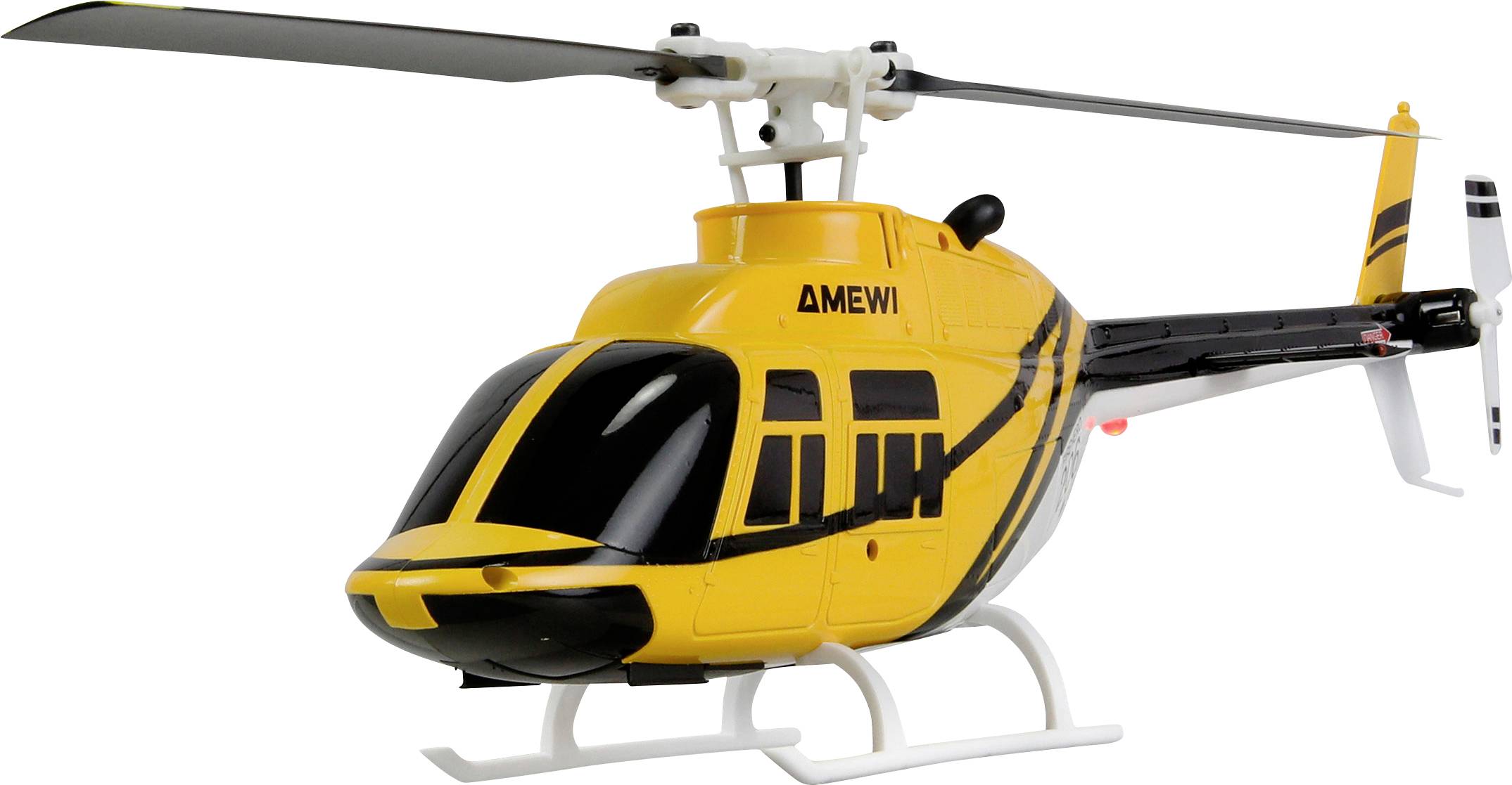 Een gele en zwarte speelgoed helikopter met 'AMEWI' letters aan de zijkant, voorzien van een strak design en witte landingskufen.