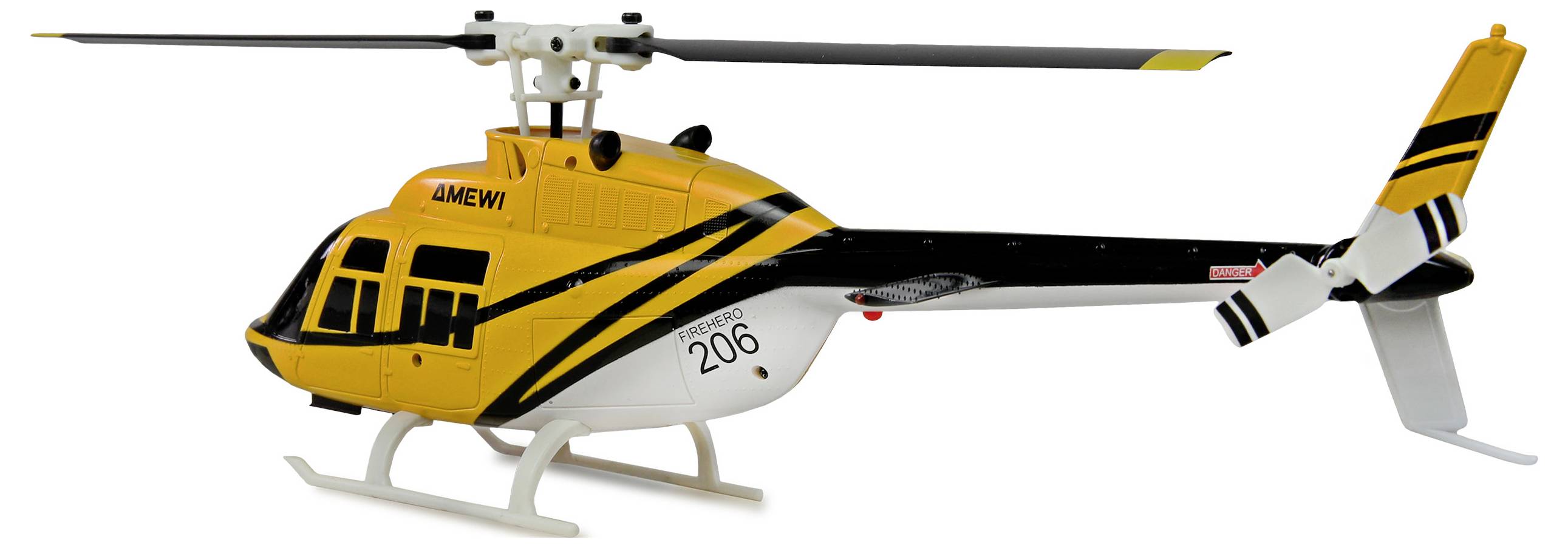 Gele en zwarte afstandsbediende speelgoed-helikopter met '206' aan de zijkant. Hij heeft een strak design, twee rotorbladen en landingsonderstellen.