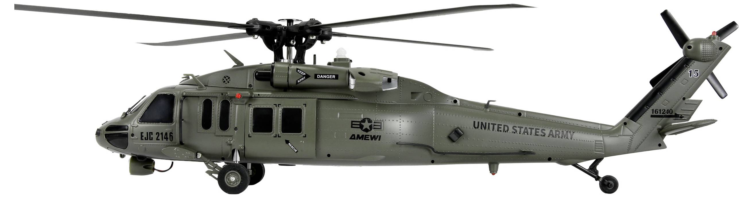 Zijaanzicht van een US Army-helikopter, grijs met zichtbare markeringen, rotors en staart, met de tekst 'United States Army' en identificatiegegevens.