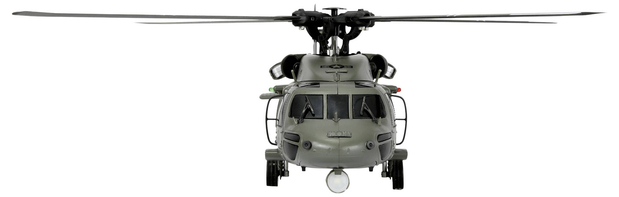 Vooraanzicht van een militaire helikopter met uitgestoken rotorbladen, landingsgestel uitgeschoven, en cockpitramen zichtbaar, geplaatst tegen een egale achtergrond.