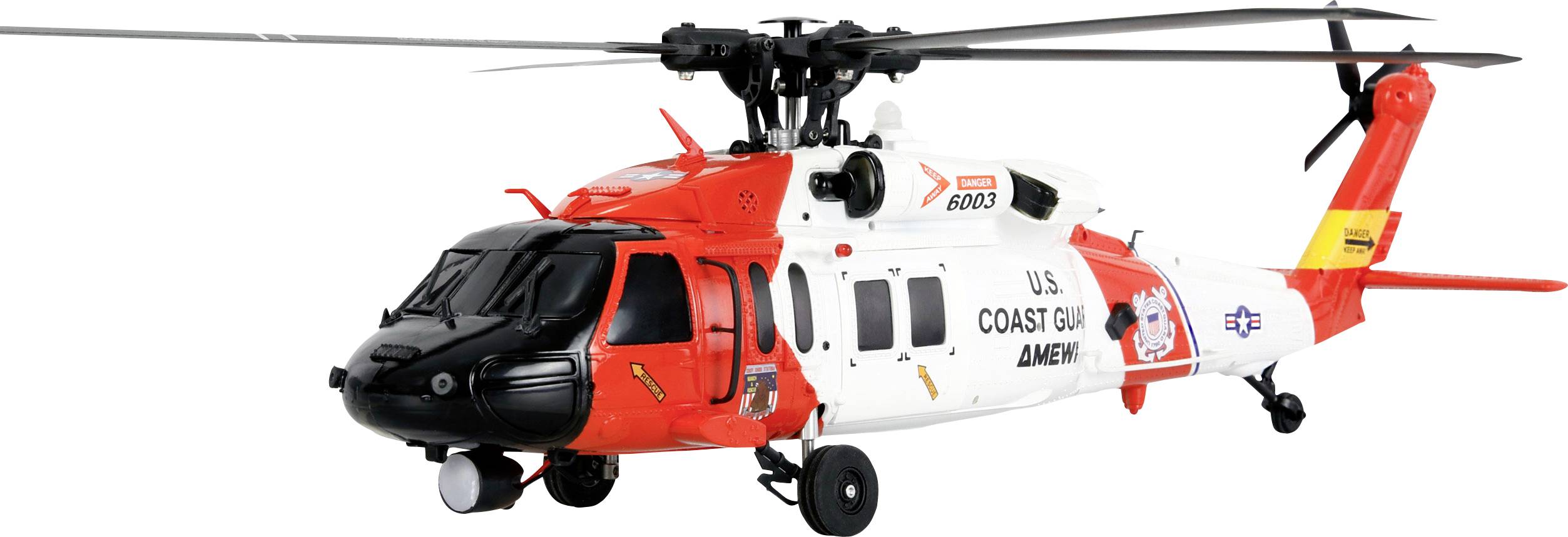 Een modelhelikopter geschilderd in rood, zwart en wit met 'U.S. Coast Guard' op de zijkant, voorzien van gedetailleerde rotors en markeringen.
