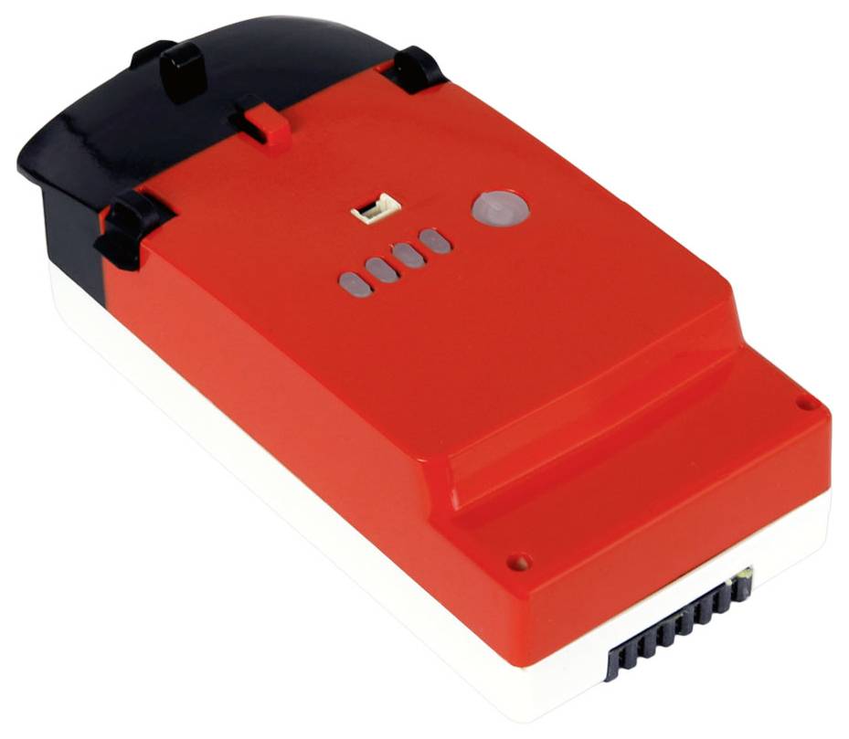 Een rood en zwart plastic batterijpakket met een connector en indicatielampjes, gebruikt voor het voeden van elektronische apparaten.