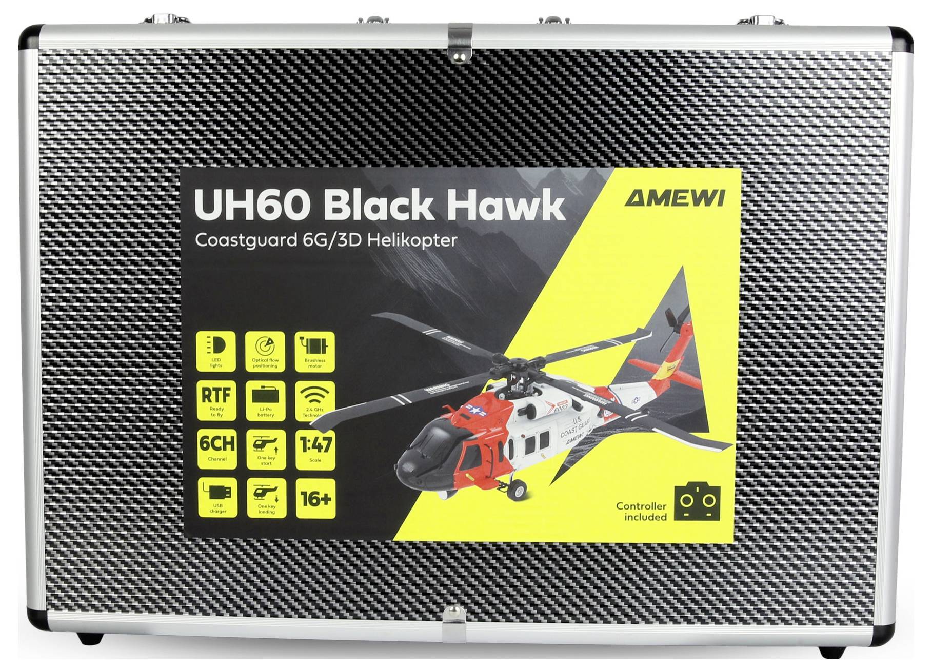 'UH60 Black Hawk Kustwacht 6G/3D Helikopter' set met afbeeldingen van de helikopter en kenmerken; RTF, 6CH, T47, 16+. Controller inbegrepen.