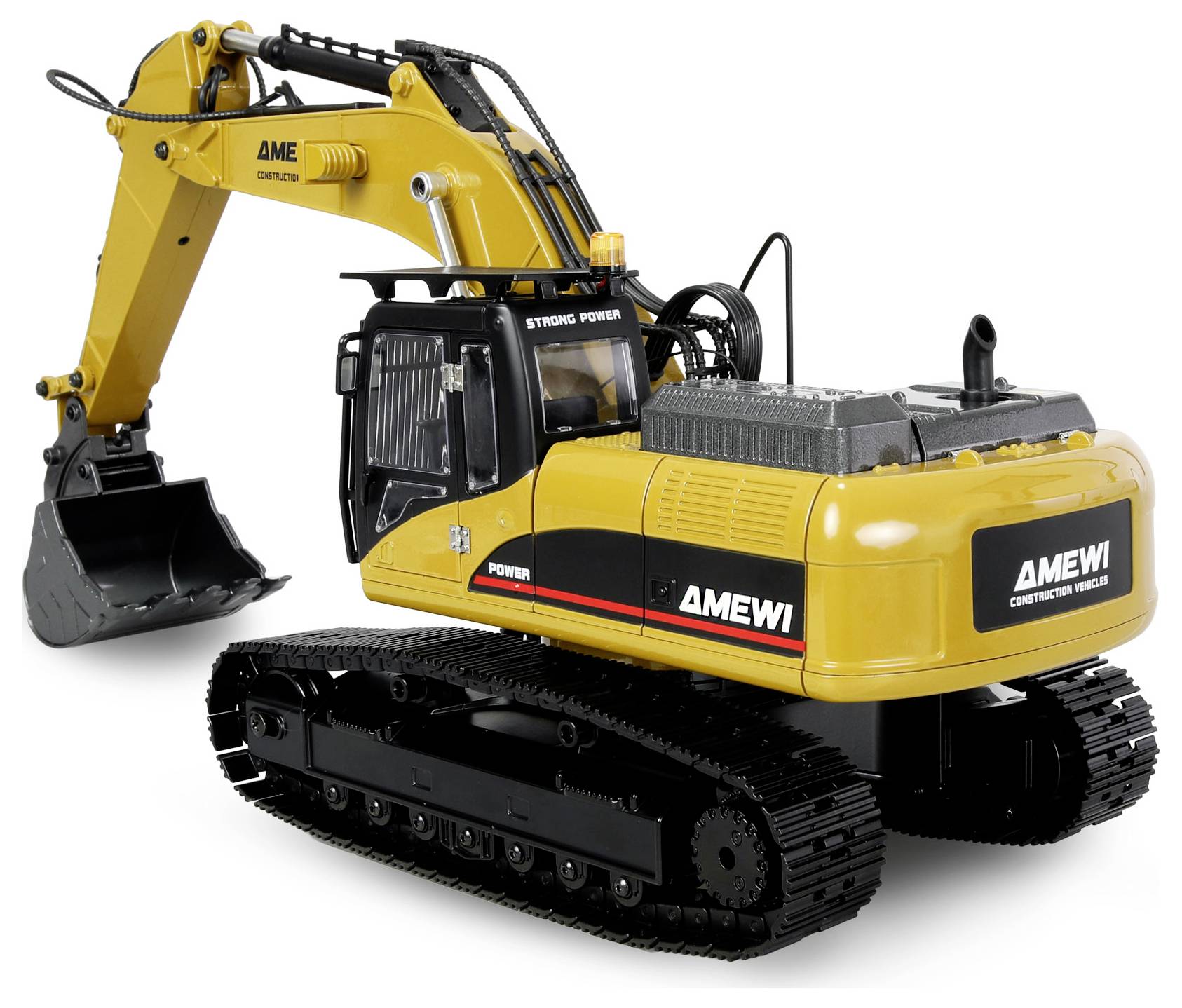 Een gele modelgraafmachine met een scheparm en zwarte rupsbanden, met 'Strong Power' en 'Amewi' op zijn romp.