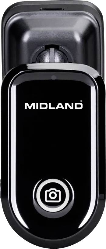 Een zwart dashcam-apparaat met de merknaam 'Midland' bovenaan en een camera-icoon eronder.
