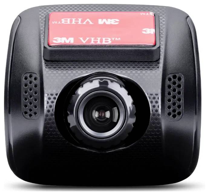 Een compacte zwarte dashcamera met een prominente lens in het midden, voorzien van een rode 3M VHB-kleefpad bovenop voor bevestiging.