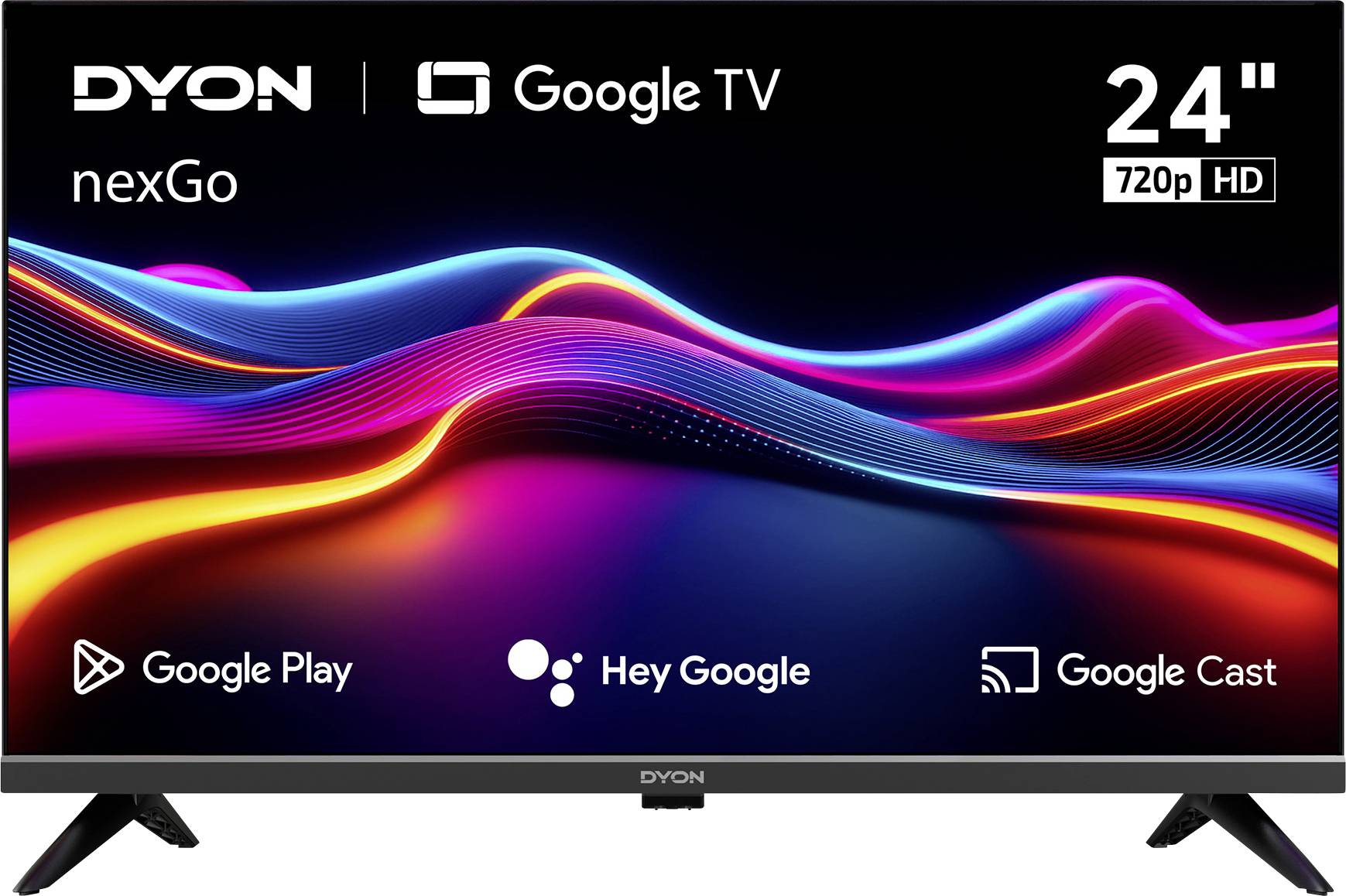 'DYON 24" Google TV met HD 720p resolutie beschikt over een levendig golfontwerp op het scherm. Inclusief Google Play, Hey Google en Google Cast logo's.'