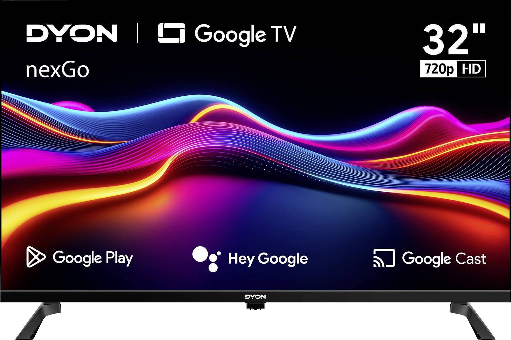 Een 32-inch Dyon TV met Google TV-functies, 720p HD-resolutie en neon wave graphics. Tekst vermeldt 'Google Play', 'Hey Google' en 'Google Cast'.