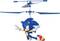 Een speelgoed van een blauwe antropomorfe figuur met witte handschoenen en rode schoenen, opgehangen aan propellers, alsof hij als een helikopter vliegt.