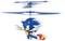 Een speelgoed-helikopter met een blauwe cartoonkarakter met grote ogen en rode schoenen, snel draaiend met uitgestoken armen, in volle vlucht.