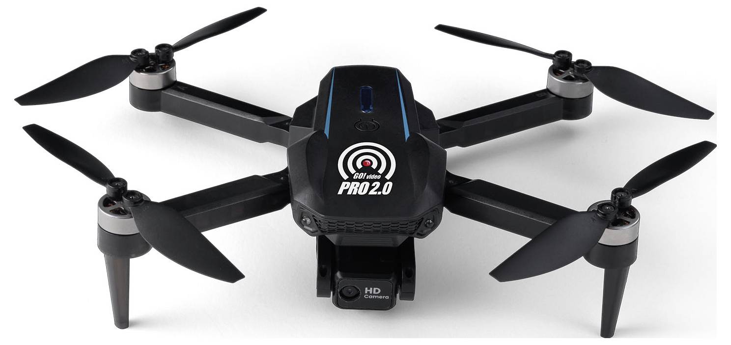 Quadcopter drone met vier rotoren, gelabeld als 'PRO 2.0'. Hij heeft een zwart frame en is uitgerust met een HD-camera aan de onderkant.