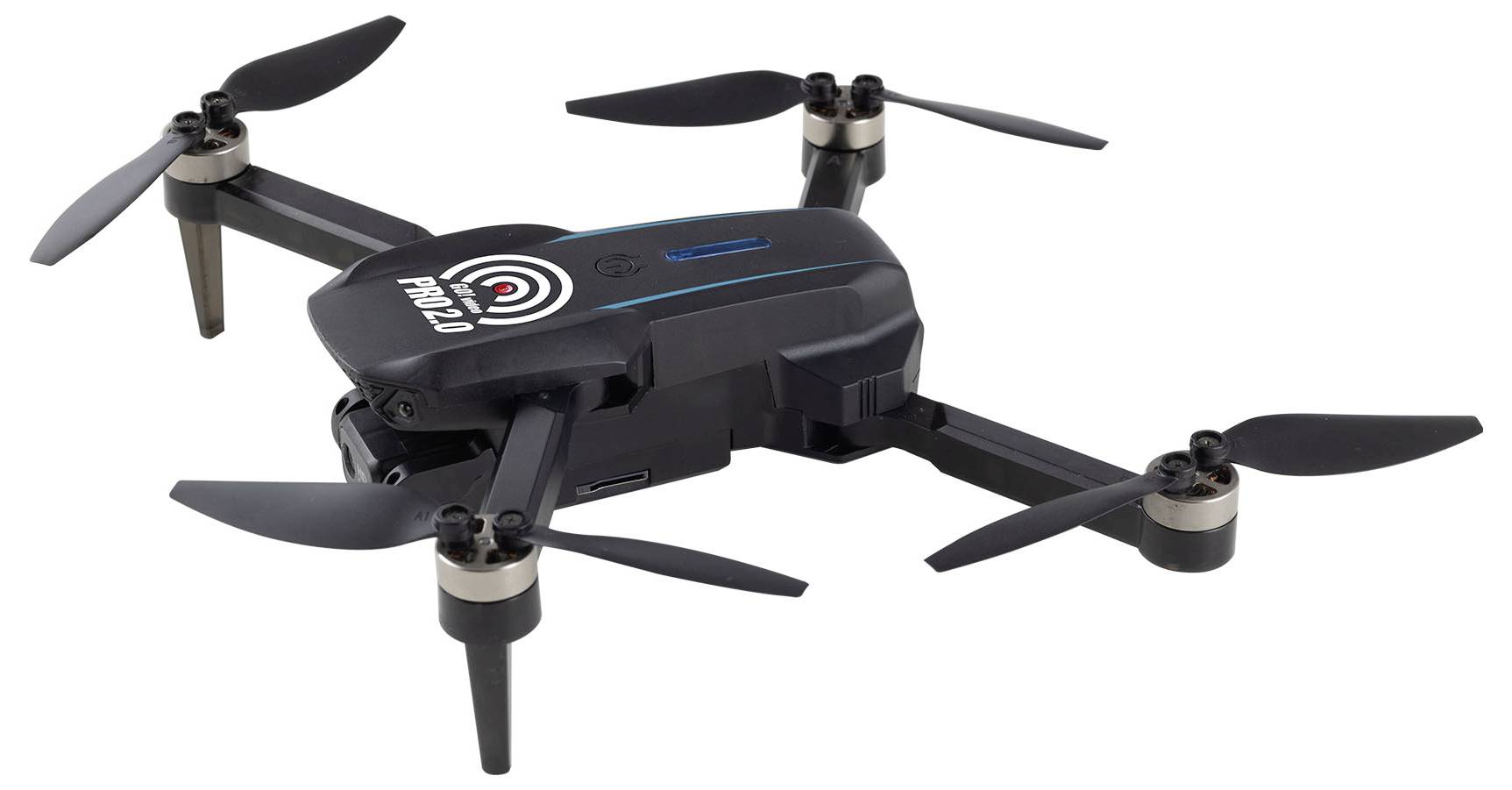 Een zwarte quadcopter-drone met vier propellers is afgebeeld, met een compacte vormgeving die geschikt is voor luchtfotografie of videografie.