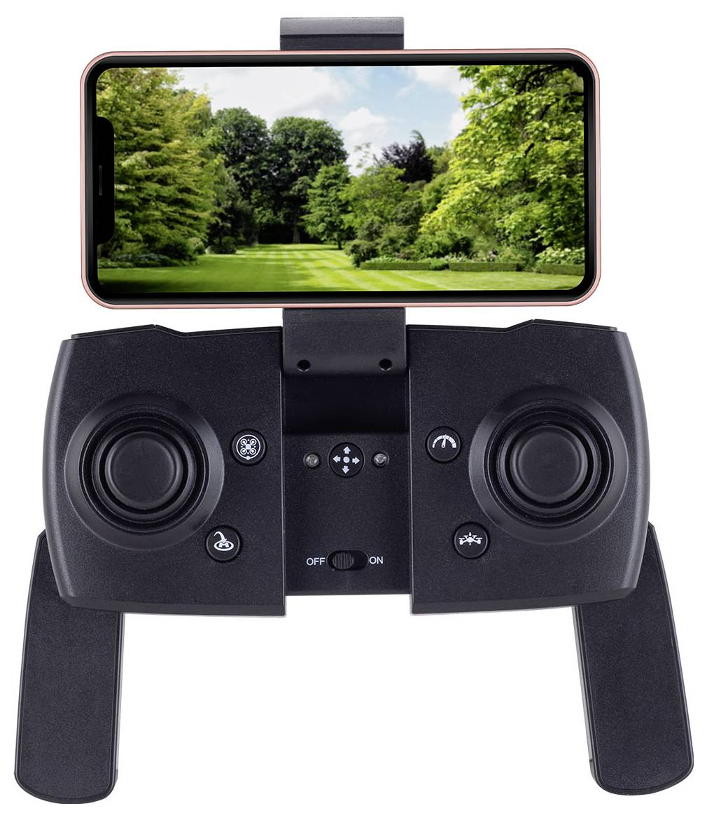 Een handheld afstandsbedieningsapparaat met een smartphone eraan bevestigd, waarbij een groene parkscène op het scherm wordt weergegeven, wat wijst op externe weergave.