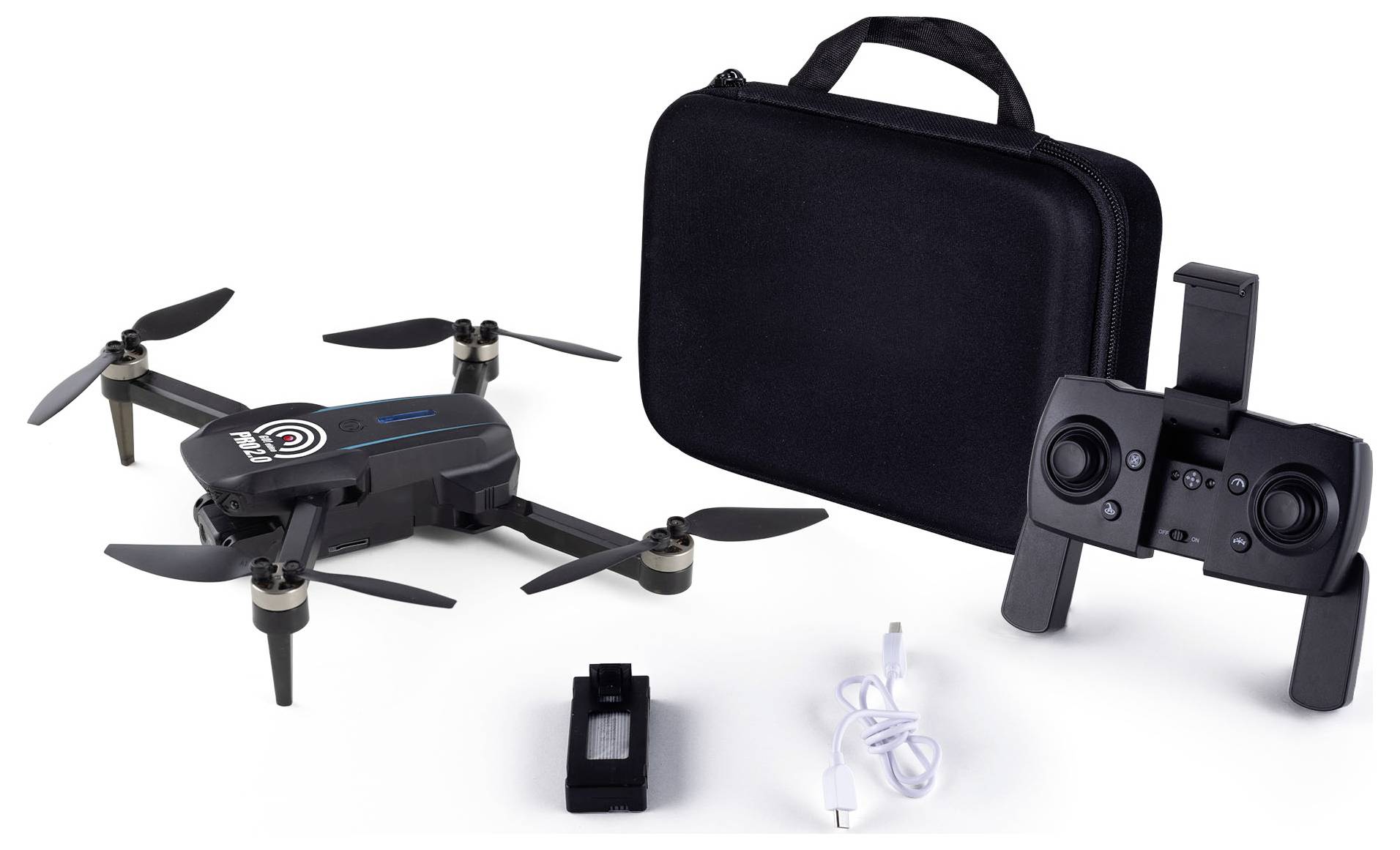 'Een drone-kit bestaande uit een zwarte drone met propellers, een zwarte afstandsbediening, een zwarte draagtas, een batterij en een oplaadkabel.'