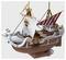 Een speelgoed piratenschip met zeilen waarop een schedel en gekruiste beenderen prijken, voorzien van een strohoed, ontworpen met een geitenfiguur aan de boeg en gestreepte dekdetaillering.