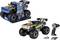 Afstandsbediende monstertruck met blauw en geel design, weergegeven met verpakking, batterij, oplader en controller in de nabijheid.