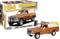 Modelbouwset met een Jeep pickup truck uit de jaren 70 met camperdak in oranje en geel. Inclusief afbeelding van in elkaar gezette modelauto.
