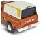 Een rode vintage-stijl speelgoedtruck met een witte kampeeruitrusting. Aan de achterkant staat het woord 'Jeep' en een 'VIER x 4' kentekenplaat.