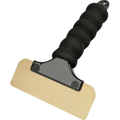 Een zwart handvat gereedschap met een brede, platte messing kling, waarschijnlijk gebruikt voor het schrapen van oppervlakken.