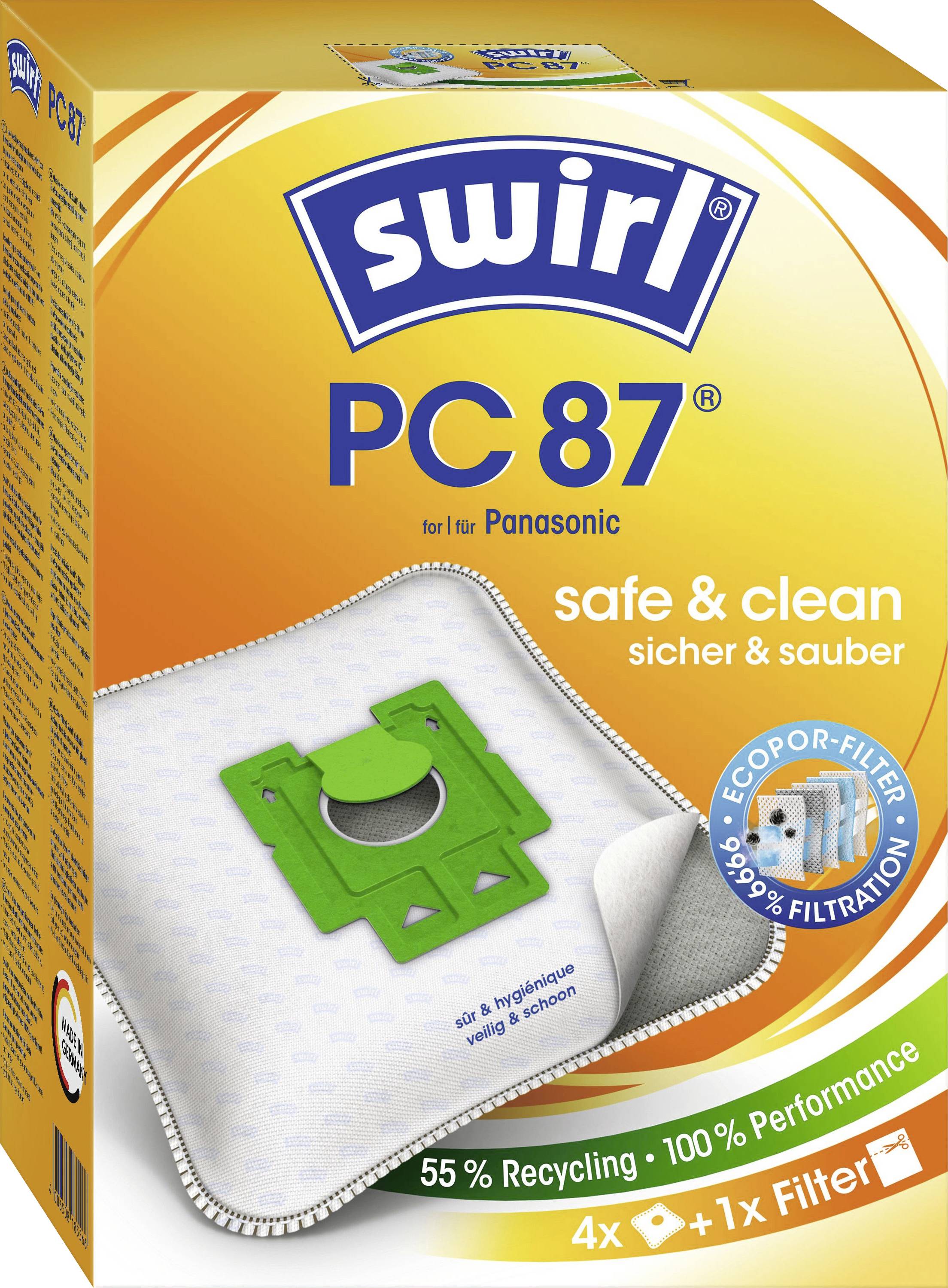 'Swirl PC87' stofzuigerzakken voor Panasonic weergegeven op de verpakking. Kenmerken zijn 'veilig & schoon', '55% Recycling', '100% Prestatie' en '1x Filter'.