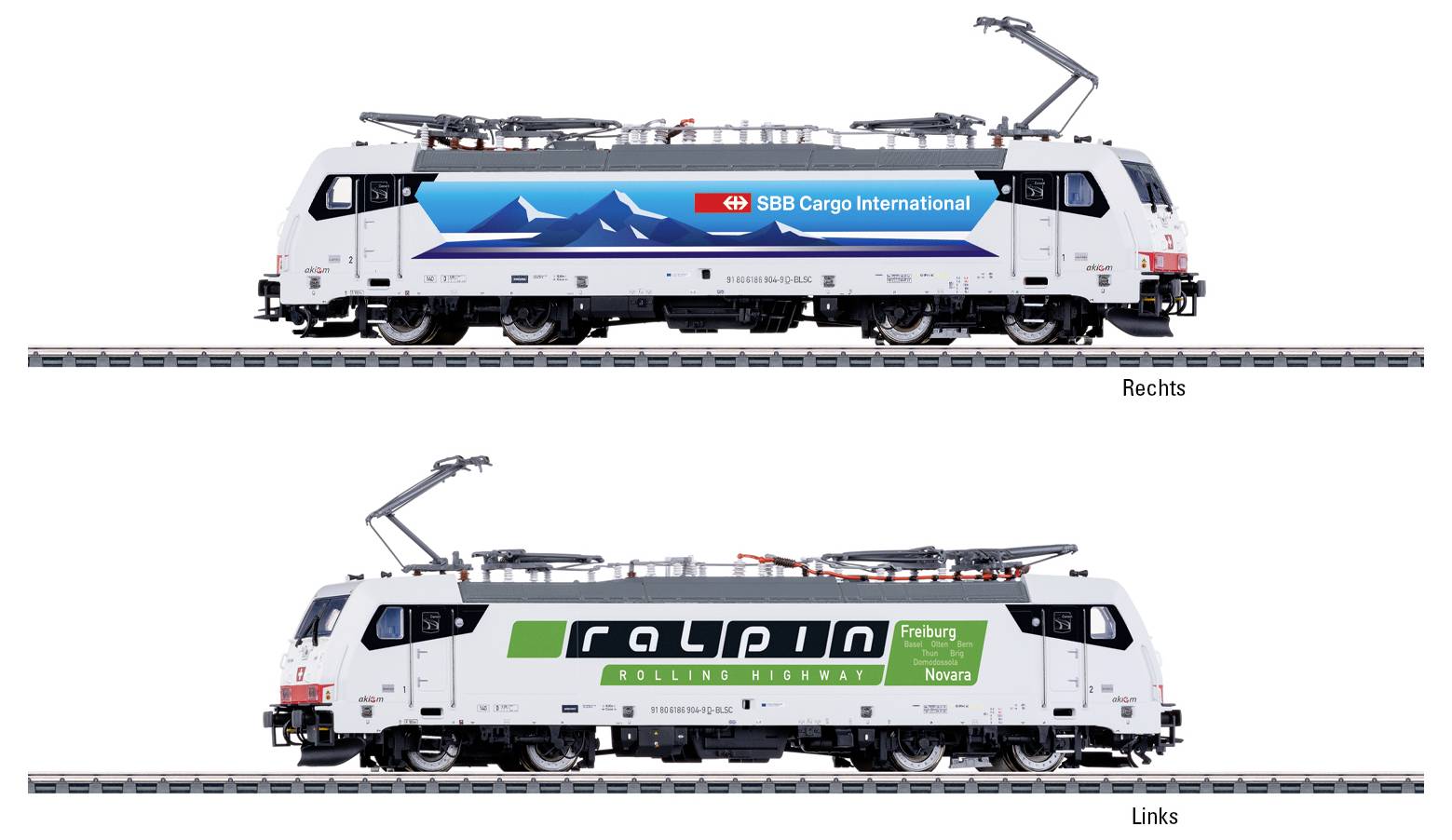 Twee witte elektrische locomotieven naast elkaar. De bovenste heeft een blauw 'SBB Cargo International' logo met bergafbeeldingen. De onderste toont een groen 'ralpin - rolling highway' logo.