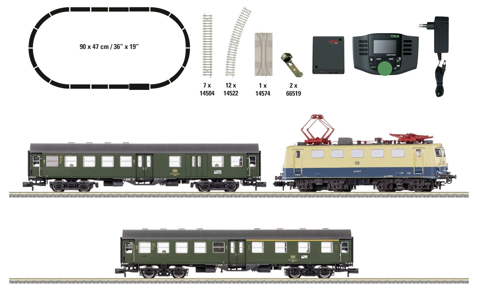 Treinsteluitlegdiagram met ovaal spoor 90 x 47 cm, inclusief sporstukken, stroomregelaar en locomotief; toont twee groene passagierswagons en een gele elektrische motor op rails.