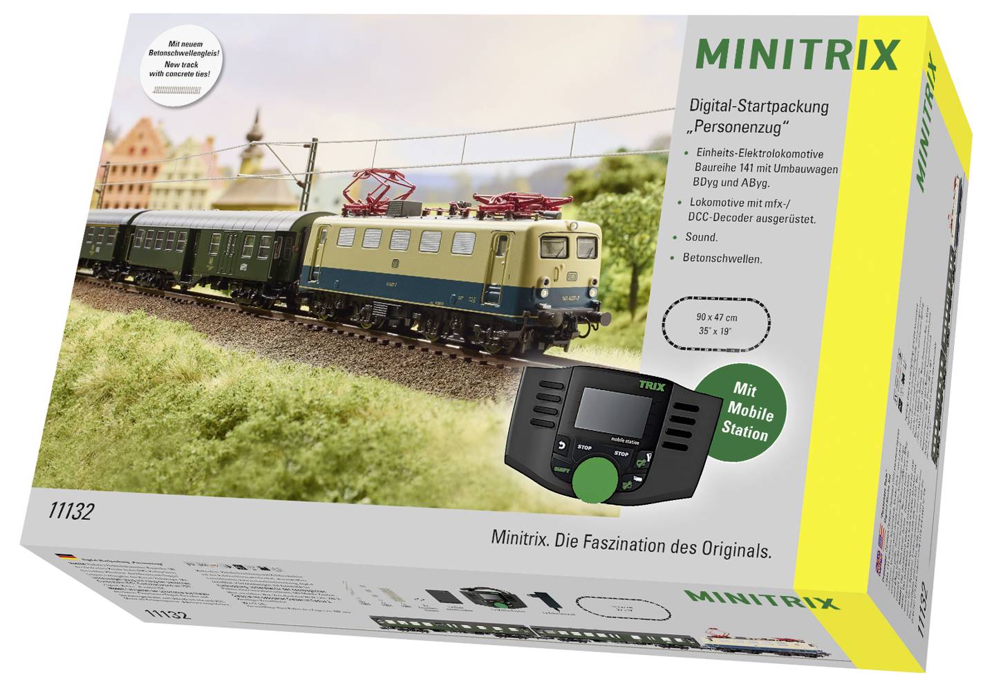 Minitrix modeltreinstarterset doos met een elektrische locomotief met twee groene passagierswagons en een Mobile Station controller.