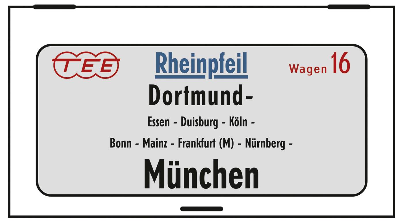 Treinbestemmingsbord voor 'Rheinpfeil' met route van Dortmund naar München via Essen, Duisburg, Köln, Bonn, Mainz, Frankfurt en Nürnberg.