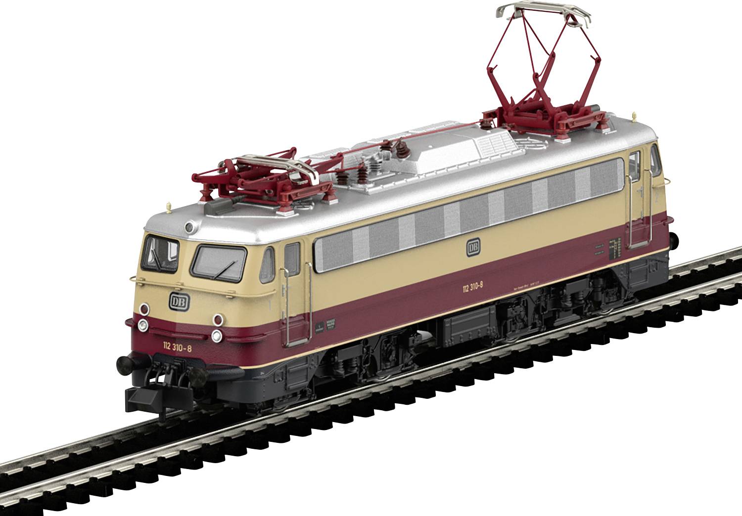 Een modeltrein op elektriciteit met een rood en beige carrosserie staat op een spoor. Hij is uitgerust met pantografen bovenop, gedetailleerd met realistische elementen.