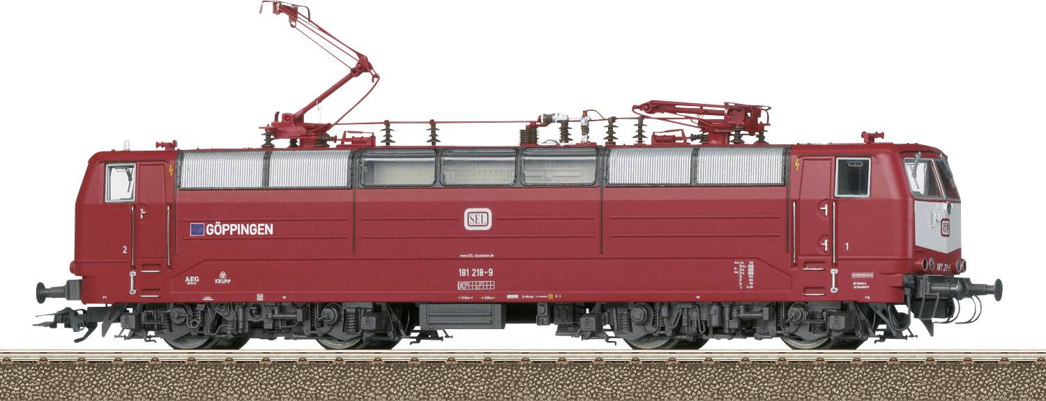Rode elektrische treinlocomotief met bovenleiding-pantograaf, gelabeld 'Göppingen', zijdelings weergegeven op een spoor, waarbij het industriële ontwerp wordt getoond.