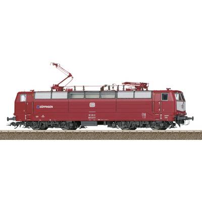 Rode elektrische treinlocomotief met bovenleiding-pantograaf, gelabeld 'Göppingen', zijdelings weergegeven op een spoor, waarbij het industriële ontwerp wordt getoond.