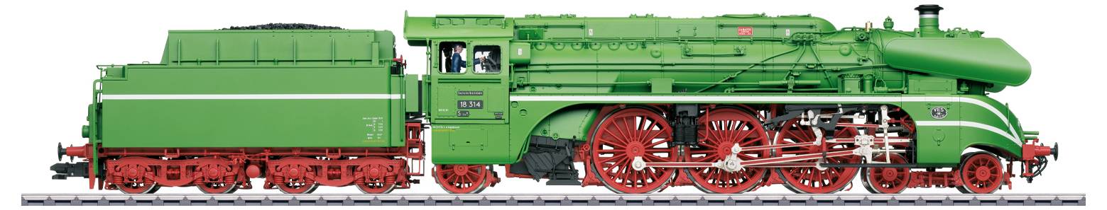 Een vintage groene stoomlocomotief met rode wielen en een kolentender, tentoongesteld op rails, met gedetailleerd technisch ontwerp.