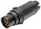 Een zwarte cilindrische elektrische connector met meerdere gouden pinnen, gebruikt voor het aansluiten van apparaten op voedingsbronnen of signaaldoorgevers.