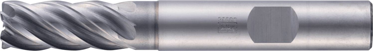 Een metalen snijgereedschap met spiraalvormige groeven, waarschijnlijk een eindfrezer, dat wordt gebruikt voor het bewerken van oppervlakken op een freesmachine.