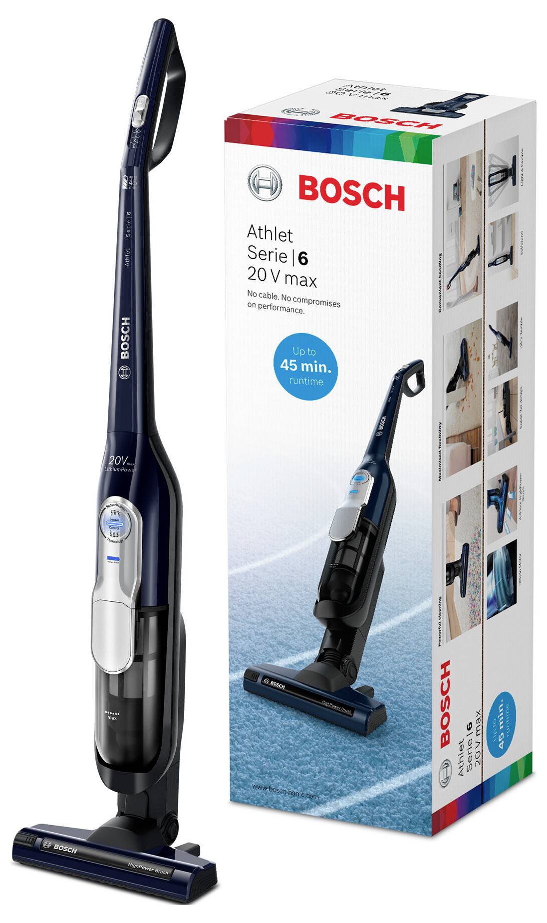 'Bosch Athlet Serie 6 20V max draadloze stofzuiger' naast verpakking met productkenmerken en een gebruiksafbeelding.