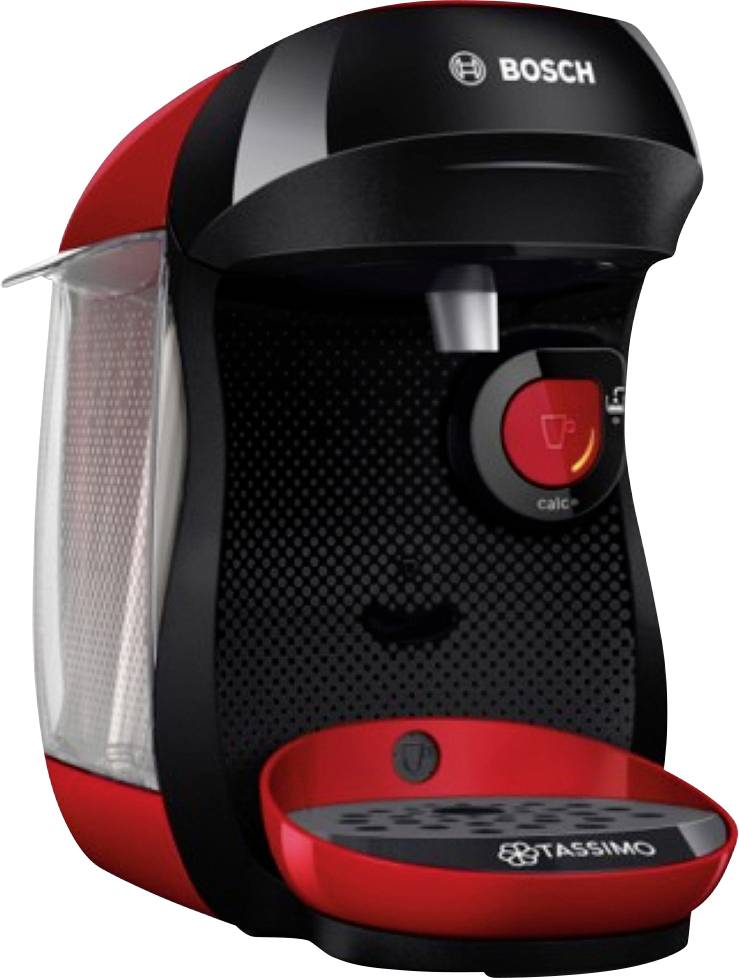 Rode en zwarte Bosch Tassimo koffiemachine met waterreservoir, kopjeshouder en bedieningsknop.