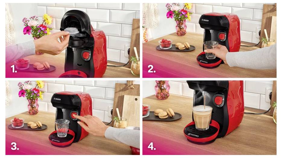 Een rode koffiemachine die koffie zet in vier stappen: 1. Stop capsule erin, 2. Zet kopje neer, 3. Druk op knop, 4. Kopje koffie vol
