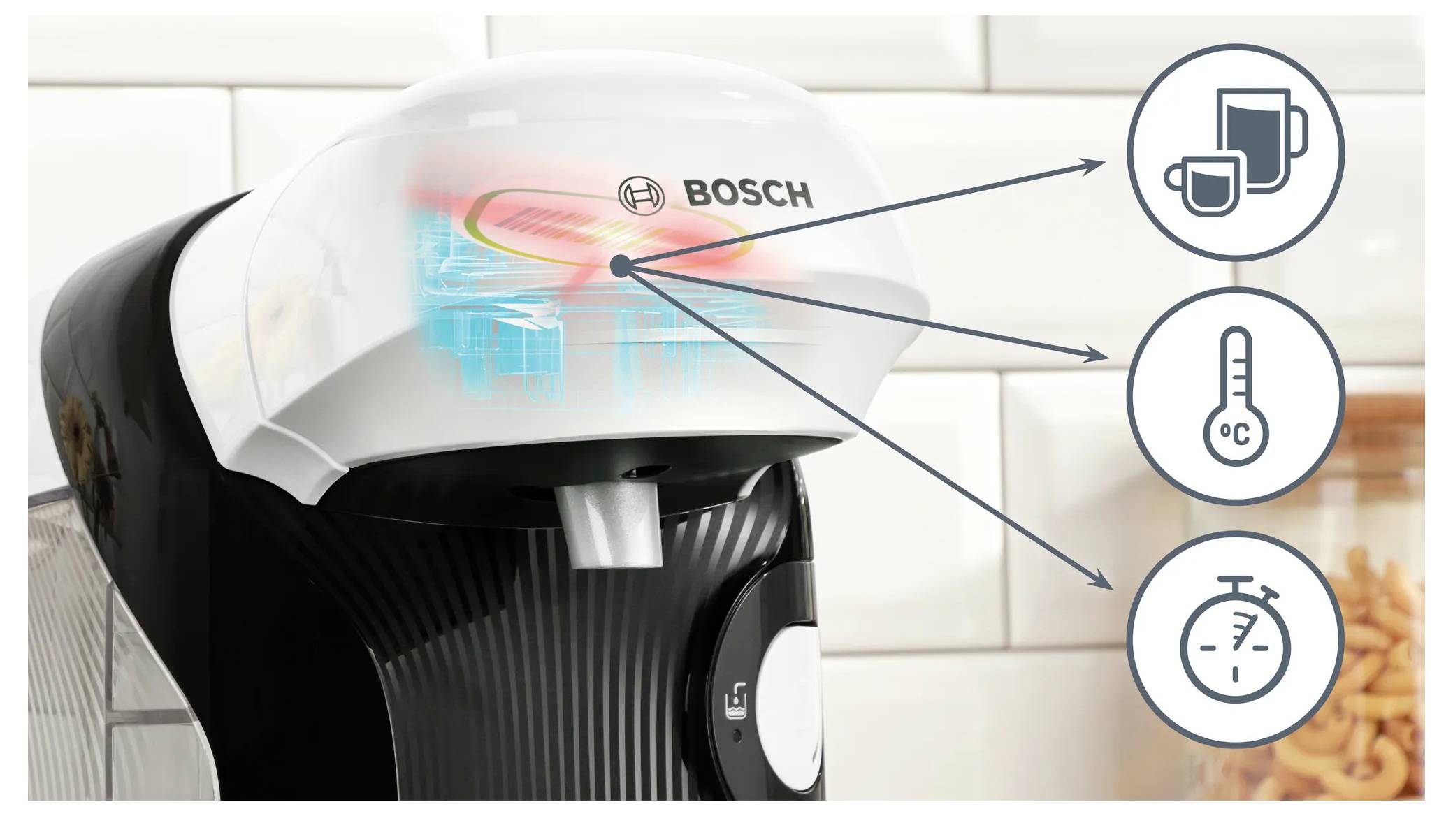 Een Bosch waterkoker met verlichte indicatoren die functies weergeven: kopjesgrootte, temperatuur en tijdinstellingen voor nauwkeurige bediening.