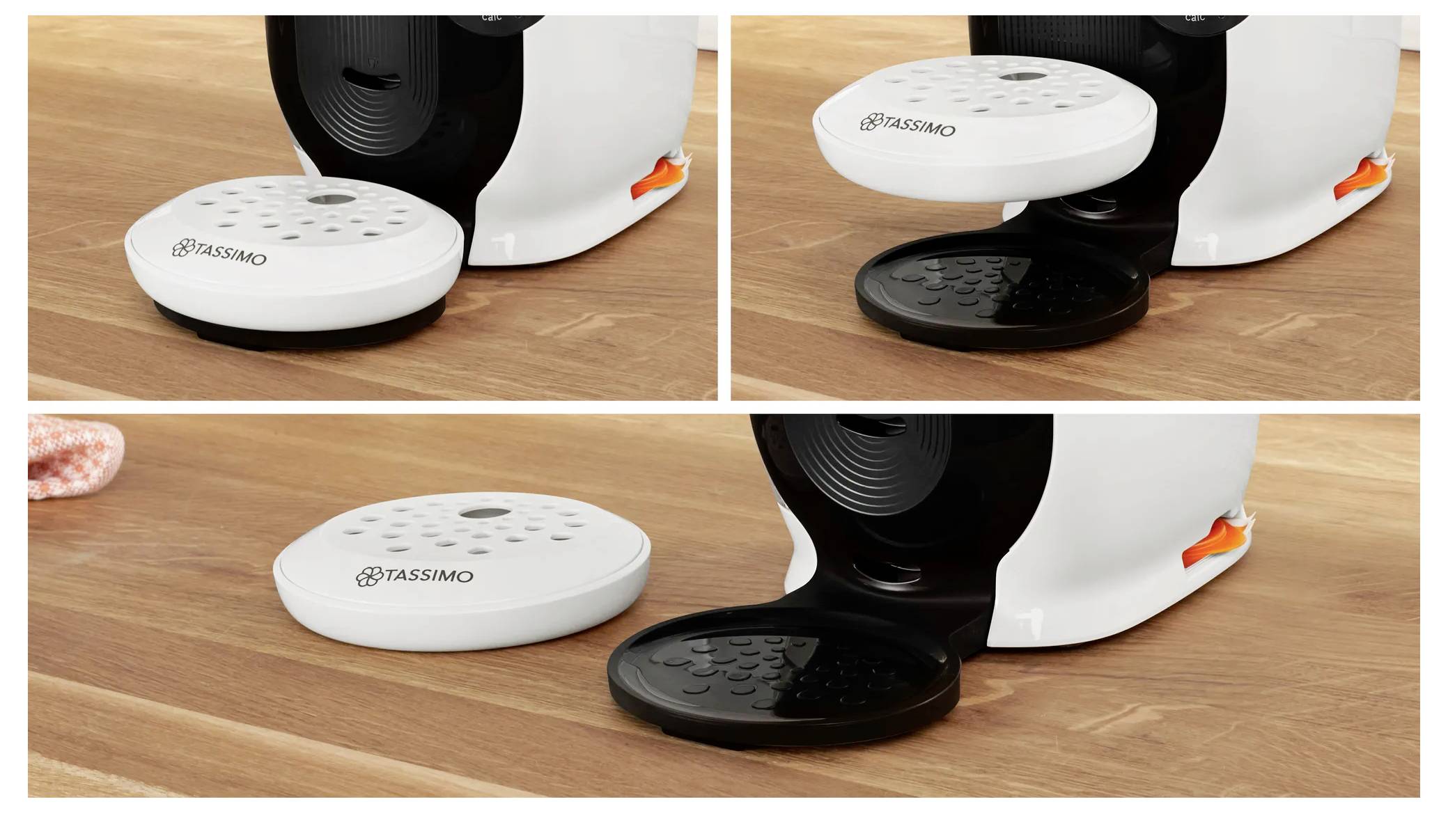 Een witte koffiezetapparaat met een verstelbare druppelbak in drie posities: links, rechts en onderkant. Het merkenlogo 'Tassimo' is zichtbaar.