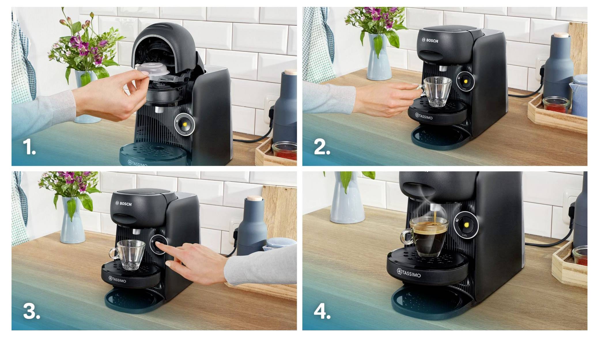 Stappen om een koffiemachine te gebruiken: 1. Capsule invoeren. 2. Kopje plaatsen. 3. Knop indrukken. 4. Koffie wordt geserveerd.' Aanrecht met bloemen, kan en kopjes op de achtergrond.