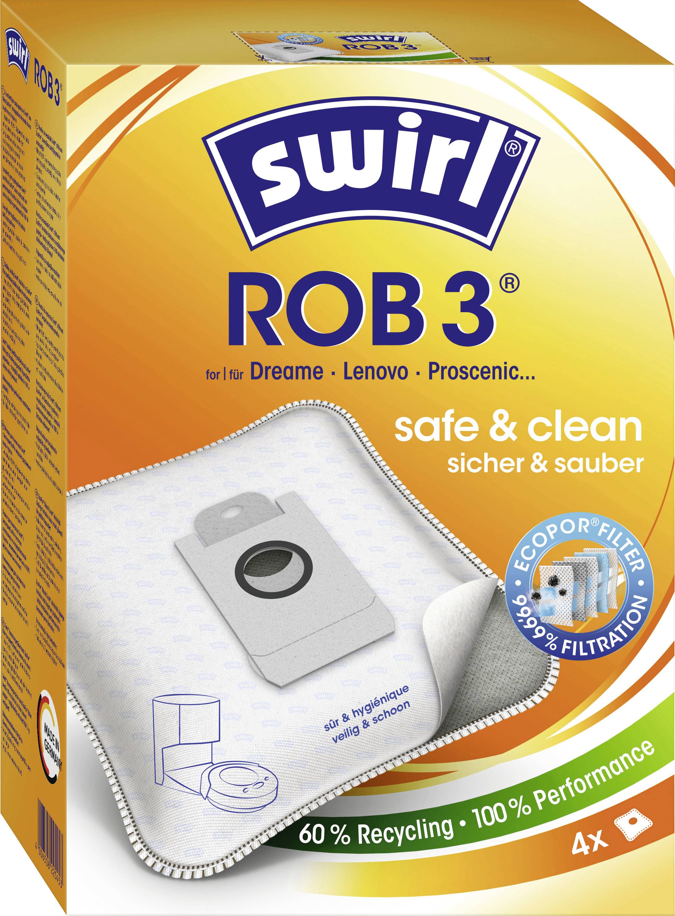 'Swirl ROB 3' stofzuigerzakken verpakking. Hoogtepunten zijn 'veilig & schoon', '60% Recycling', '100% Prestatie', en vier zakken per verpakking.