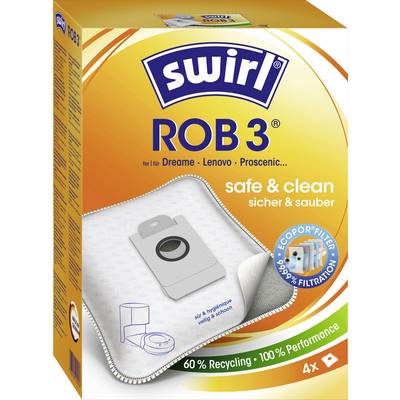 'Swirl ROB 3' stofzuigerzakken verpakking. Hoogtepunten zijn 'veilig & schoon', '60% Recycling', '100% Prestatie', en vier zakken per verpakking.