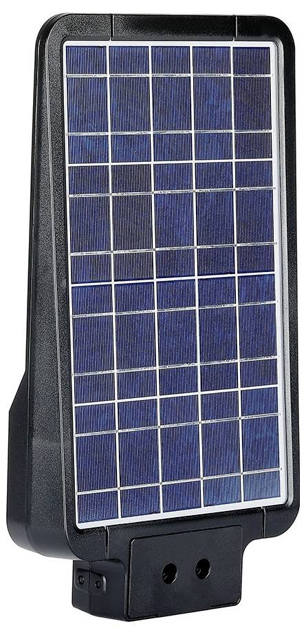 Een rechthoekig zonnepaneel met een raster van blauwe fotovoltaïsche cellen, ondergebracht in een zwart frame met een bevestigingssteun aan de onderkant.