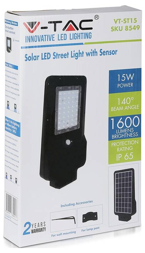 'Zonne-LED Straatlamp met Sensor' doos met LED-lamp afbeelding, 15W vermogen, 140° lichthoek, 1600 lumen helderheid, IP65 classificatie.