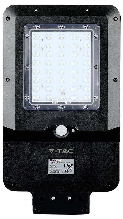 Een zwarte, rechthoekige LED-straatlantaarn met 40 verlichte LED-lampen gerangschikt in een 5x8 raster. De lamp heeft een bewegingssensor en een weerbestendigheidskeuringslabel.