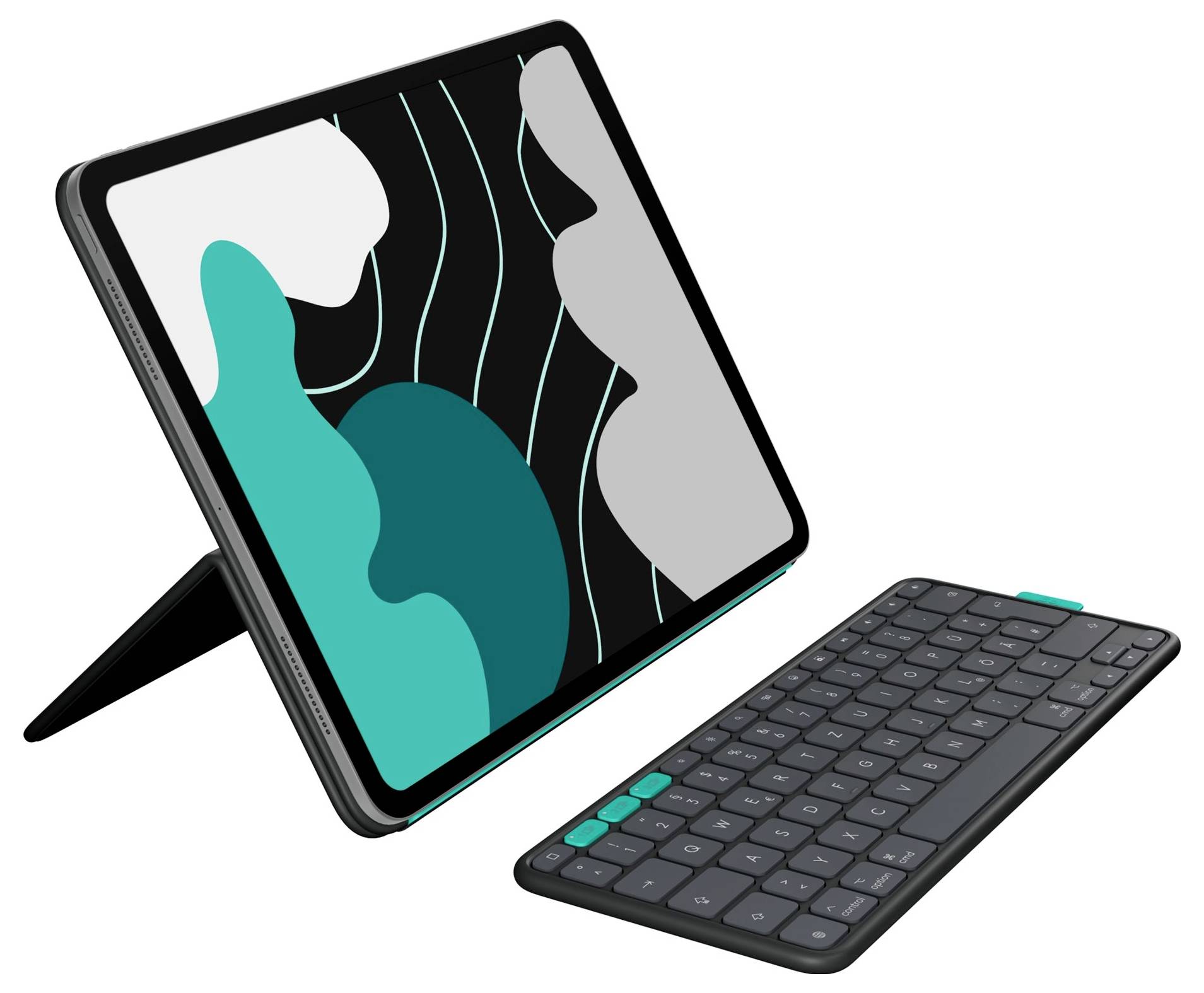 'Een slanke, gesloten zwarte folio-case voor tablets met een smaragdgroene tab, met een strak, minimalistisch ontwerp.'