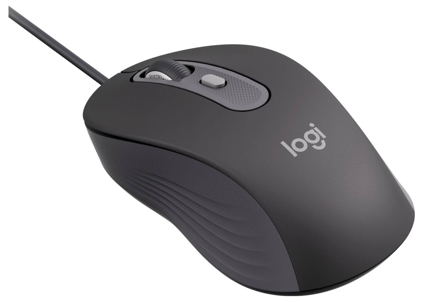 Een zwarte bedrade computermuis met zichtbaar merklogo, voorzien van een scrollwiel en twee knoppen.