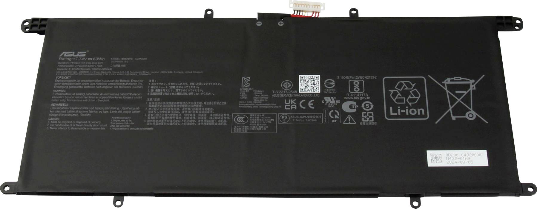Een rechthoekige ASUS lithium-ion laptopbatterij met technische specificaties en recyclingssymbolen op zijn oppervlak.
