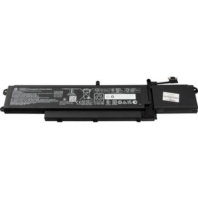 Een rechthoekige laptopaccu met labels en specificaties op zijn oppervlak, inclusief voltage, capaciteit en veiligheidspictogrammen.