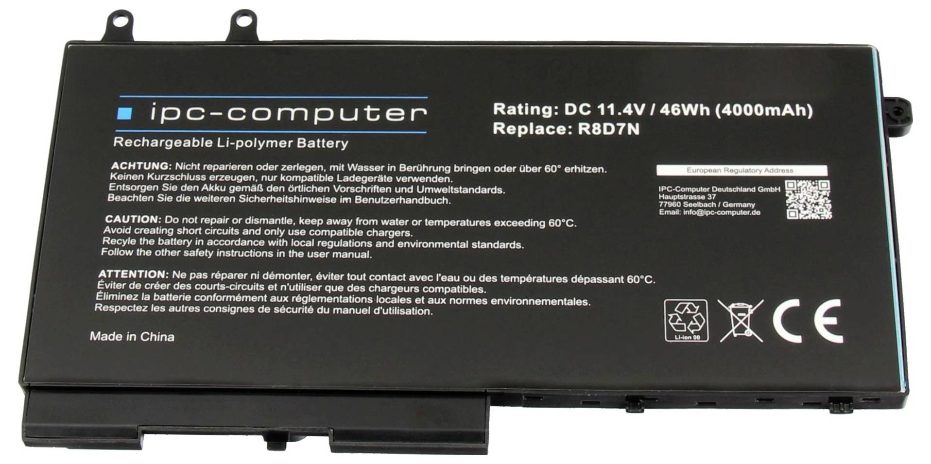 Vooraanzicht van een lithium-polymeer laptopaccu met merk, modelnummer R8D7N, 11,4V, 46Wh (4000mAh), met veiligheidsinstructies.